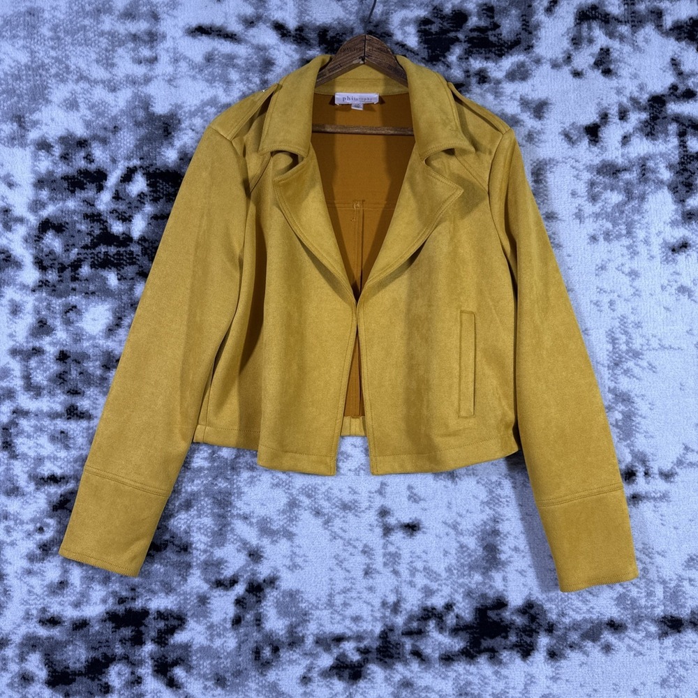 Philosophy Faux Leather Blazer Womens Size Large Yellow Pockets Biker Chic Crop‎